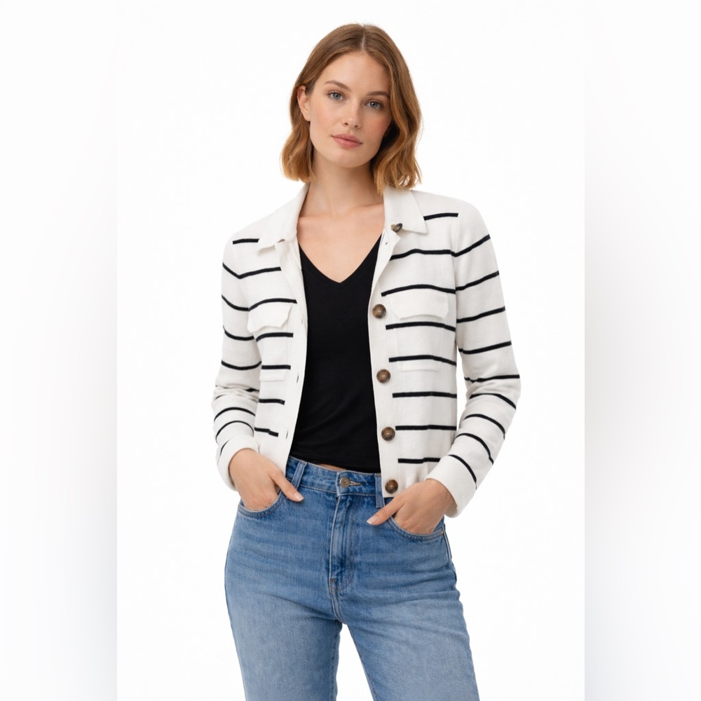 T Tahari White Striped Button-Down Cardigan with Black Stripes